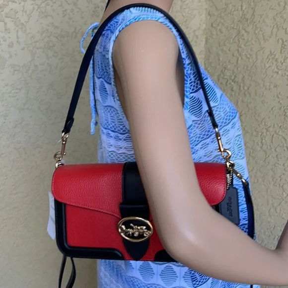 COACH Georgie Shoulder Bag In Colorblock Color: Gold/Bright Poppy Multi - Picture 15 of 16